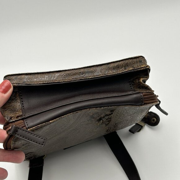 Relic Fossil Organizer Purse Brown Embossed Leather Shoulder Bag Paisley - Picture 4 of 16